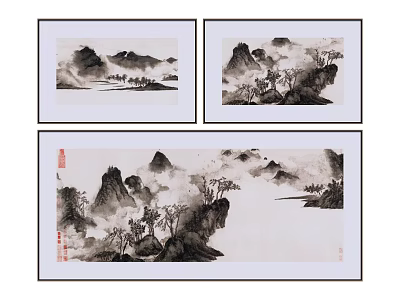 Traditional Chinese Landscape Paintings In Ink Wash Style With Mountains Rivers Mist And Trees 3d model