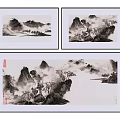 Traditional Chinese Landscape Paintings In Ink Wash Style With Mountains Rivers Mist And Trees