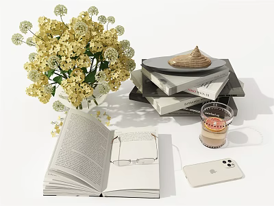 Elegant Decorative Ornament Set With Yellow Flower Vase Stacked Books Open Book Eyeglasses Candle Phone 3d model