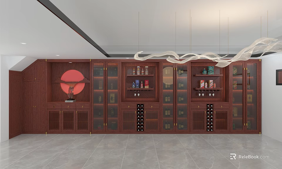 Elegant Wooden Wine Cabinet With Glass Doors Displaying Bottles And Decorative Items 3d model 