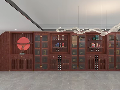 Elegant Wooden Wine Cabinet With Glass Doors Displaying Bottles And Decorative Items 3d model