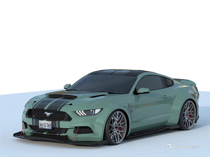 Light Green Modified Ford Mustang Sports Car With Black Stripes And Sporty Wheels 3d model 