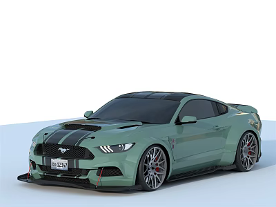 Light Green Modified Ford Mustang Sports Car With Black Stripes And Sporty Wheels 3d model