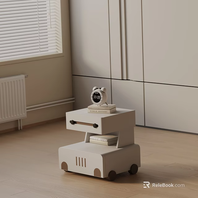 White Two Tiered Nightstand With Drawers Alarm Clock And Books Near Window Blinds 3d model 