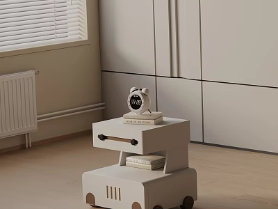 White Two Tiered Nightstand With Drawers Alarm Clock And Books Near Window Blinds 3d model