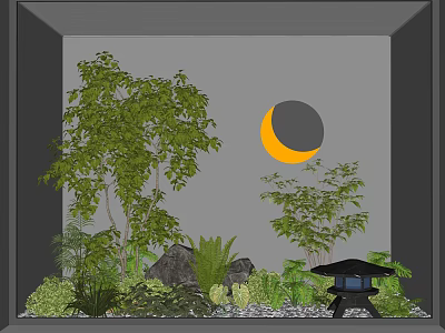 Tranquil Courtyard Garden With Green Trees Rocks Black Lantern And Crescent Moon Decoration 3d model