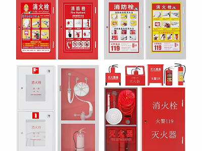Essential Red Fire Safety Equipment Including Hydrants Extinguishers Cabinets and Operation Signs 3d model