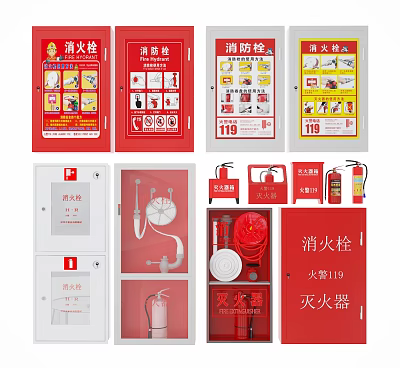 Essential Red Fire Safety Equipment Including Hydrants Extinguishers Cabinets and Operation Signs 3d model