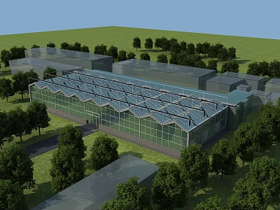 Modern Industrial Factory With Glass Roof And Wall Structures Surrounded By Green Trees 3d model
