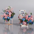 Geometric Golden Frame Vases With Pink Blue Purple Flowers Feathers And Green Leaves Arrangement