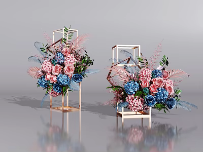 Geometric Golden Frame Vases With Pink Blue Purple Flowers Feathers And Green Leaves Arrangement 3d model