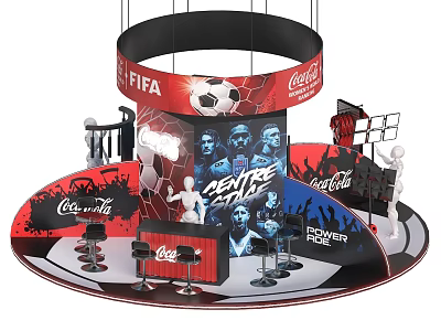 Mall Retail Counter Featuring Coca-Cola FIFA Theme Soccer Ball Digital Screen Mannequins And Promotional Elements 3d model