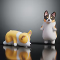 Two Corgi Toy Figures One Lying Down And One Standing On Dark Surface With Reflection 3d model
