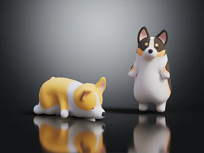 Two Corgi Toy Figures One Lying Down And One Standing On Dark Surface With Reflection 3d model