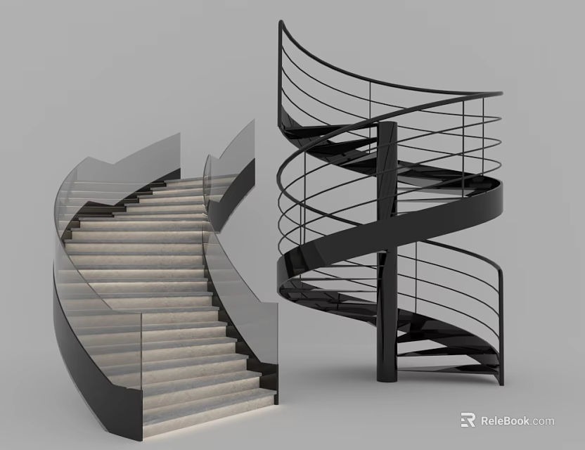 Modern Spiral And Curved Staircase Design With Glass Railings And Black Frame 3d model 