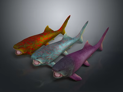 Colorful Aquatic Animals Red Turquoise Purple Fish With Open Mouth On Dark Background 3d model