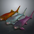 Colorful Aquatic Animals Red Turquoise Purple Fish With Open Mouth On Dark Background