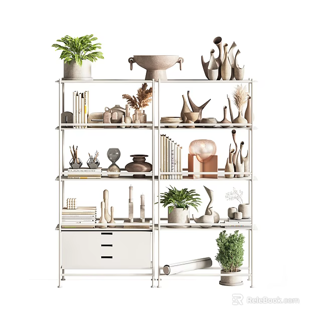 Modern Storage Shelf with Potted Plants Decorative Items Ceramic Vases and Books 3d model 
