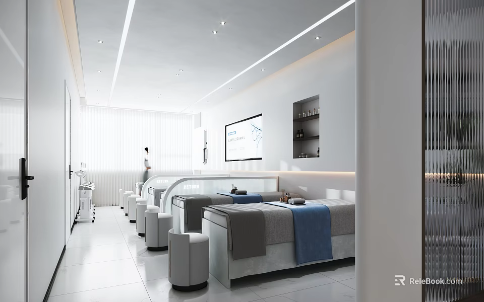 Bright Modern Beauty Salon Interior With Gray Sofa Chairs White Stools And Lighting Strips 3d model 