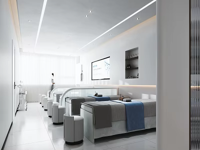 Bright Modern Beauty Salon Interior With Gray Sofa Chairs White Stools And Lighting Strips 3d model
