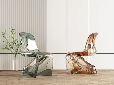 Modern Transparent Green and Brown Single Chairs with Stylish Design and Green Plant 3d model