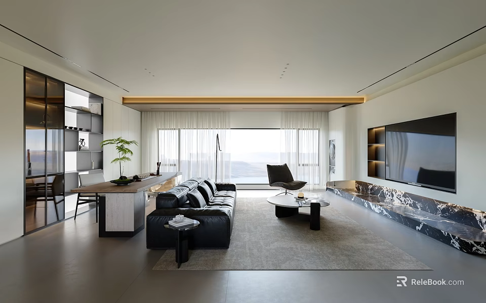 Modern Living and Dining Room Interior With Sofa TV Dining Table Rug And Natural Light 3d model 