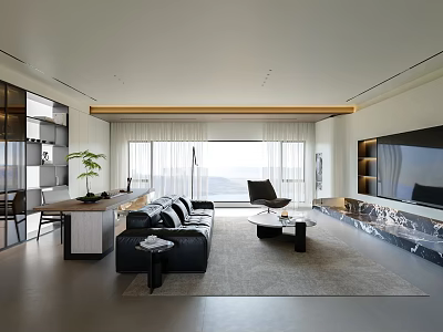 Modern Living and Dining Room Interior With Sofa TV Dining Table Rug And Natural Light 3d model