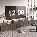 Modern Sleek TV Stand With TV Decorative Items Books Potted Plants And Circular Wall Decor