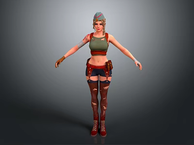 3D Female Character Model With Colorful Hair Green Tank Top Red Shorts And Leg Wraps 3d model
