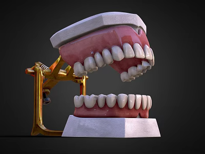 Dental Medical Equipment Model With Upper Lower Jaw Teeth And Metal Articulator Stand 3d model
