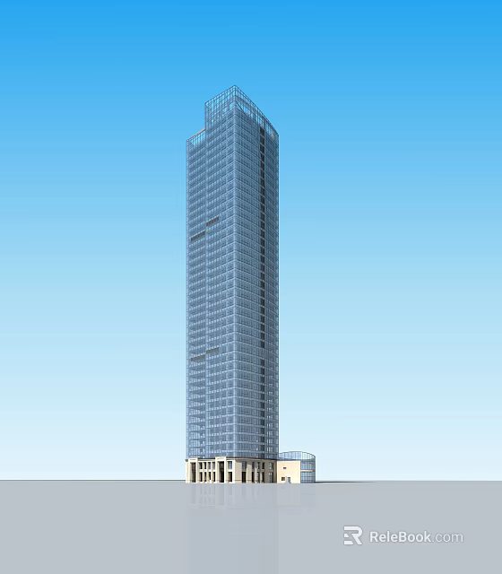 Modern High Rise Office Building With Glass Curtain Wall Under Blue Sky And White Clouds 3d model 