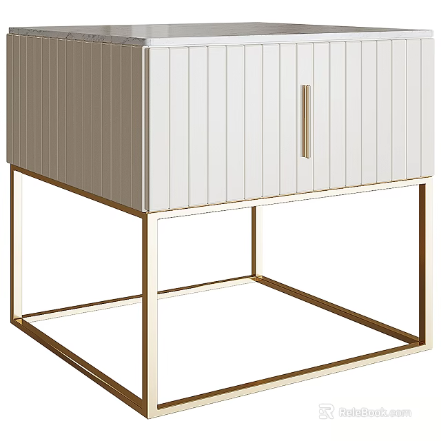 Modern Bedside Table With Vertical Slat Door And Gold Metal Frame Design 3d model 
