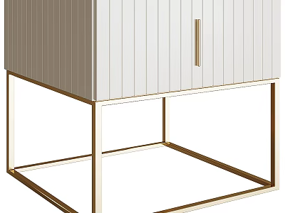 Modern Bedside Table With Vertical Slat Door And Gold Metal Frame Design 3d model