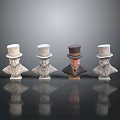 Four Male Busts With Top Hats One Different Colored On Black Surface With Reflections