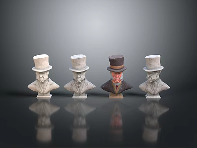 Four Male Busts With Top Hats One Different Colored On Black Surface With Reflections 3d model