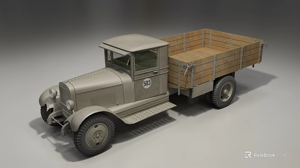 Vintage Gray Truck With Wooden Cargo Bed And Number 301 In Retro Style 3d model 
