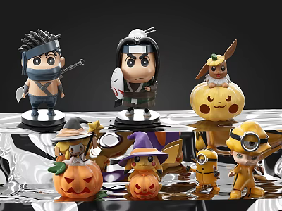 Assorted Style Dolls Featuring Ninja Rabbit Pumpkin And Yellow Characters Decorative Design 3d model
