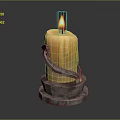 Burning Orange Candle With Melting Wax On Metal Candlestick Holder Against Dark Background