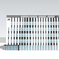 Modern Office Building Exterior With Striped Facade Large Windows And Front Trees