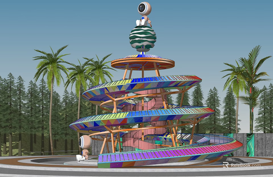 Vibrant Spiral Tower With Colorful Structure Spherical Top And Palm Trees 3d model 