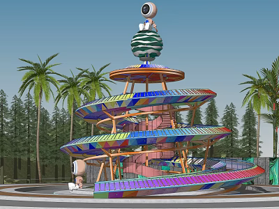 Vibrant Spiral Tower With Colorful Structure Spherical Top And Palm Trees 3d model