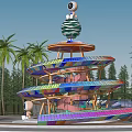 Vibrant Spiral Tower With Colorful Structure Spherical Top And Palm Trees