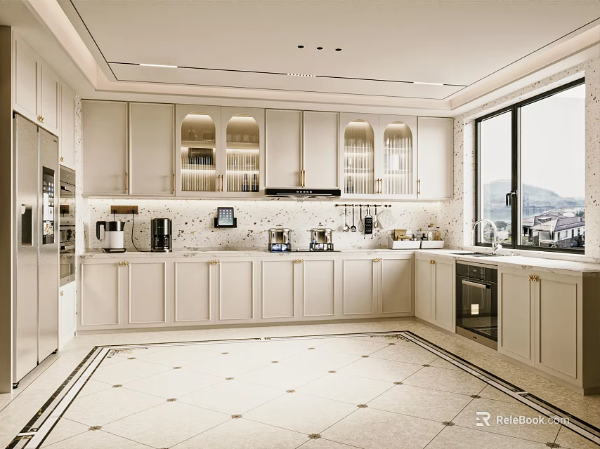Modern Kitchen Featuring Light Colored Cabinets Glass Door Upper Cabinets Appliances Large Window Scenic View 3d model 