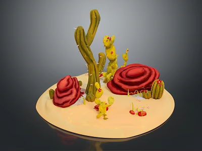 Colorful Cactus And Red Rose Like Succulents On Decorative Display Tray 3d model
