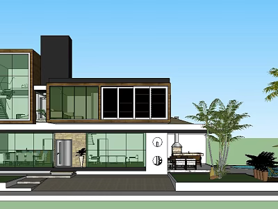 Modern Detached Villa with Large Glass Windows Outdoor Patio and Palm Trees Greenery 3d model