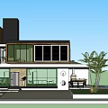 Modern Detached Villa with Large Glass Windows Outdoor Patio and Palm Trees Greenery