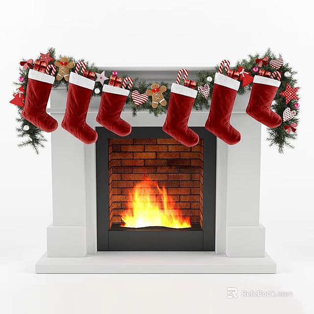 Christmas Fireplace Decorated With Red Stockings Green Garlands Candy Canes And Flaming Brick Interior 3d model 