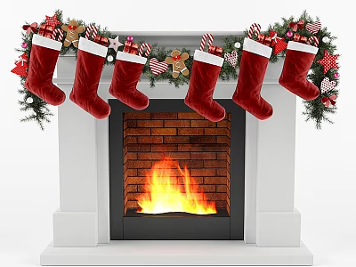 Christmas Fireplace Decorated With Red Stockings Green Garlands Candy Canes And Flaming Brick Interior 3d model