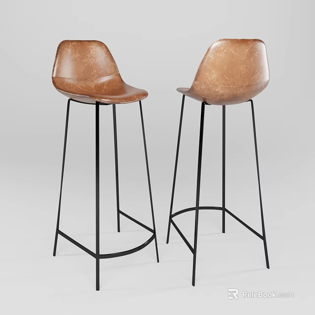 Modern Brown Leather Bar Stools With Black Metal Frame And Curved Seat 3d model 