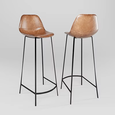 Modern Brown Leather Bar Stools With Black Metal Frame And Curved Seat 3d model